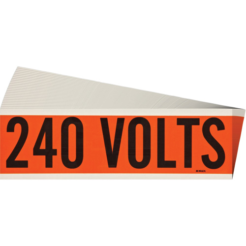 "240 Volts" Conduit & Voltage Labels, Pack of 25, Vinyl/Cloth, Height, 2-1/4", Width, 9", Display Type, Adhesive, Language, Repositionable Rubber, Finish, Semi-Gloss, Colour