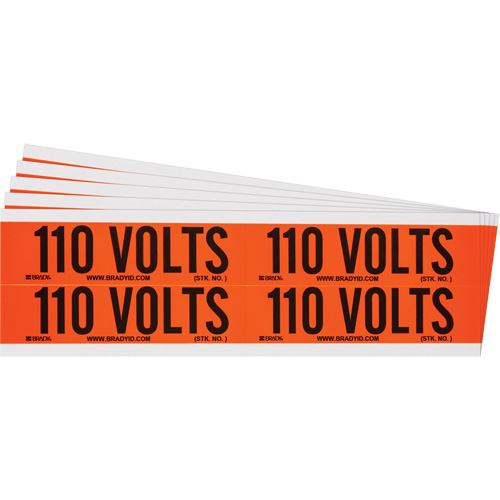 "110 Volts" Conduit & Voltage Labels, Pack of 5, Vinyl/Cloth, Height, 1-1/8", Width, 4-1/8", Display Type, Adhesive, Language, Repositionable Rubber, Finish, Semi-Gloss, Colour
