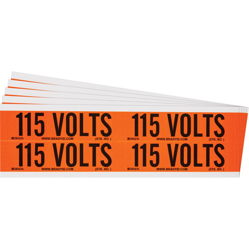 "115 Volts" Conduit & Voltage Labels, Pack of 5, Vinyl/Cloth, Height, 1-1/8", Width, 4-1/8", Display Type, Adhesive, Language, Repositionable Rubber, Finish, Semi-Gloss, Colour