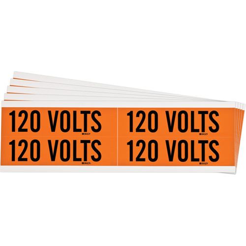 "120 Volts" Conduit & Voltage Labels, Pack of 5, Vinyl/Cloth, Height, 1-1/8", Width, 4-1/8", Display Type, Adhesive, Language, Repositionable Rubber, Finish, Semi-Gloss, Colour