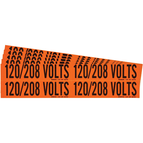 "120/208 Volts" Conduit & Voltage Labels, Pack of 5, Vinyl/Cloth, Height, 1-1/8", Width, 4-1/8", Display Type, Adhesive, Language, Repositionable Rubber, Finish, Semi-Gloss, Colour