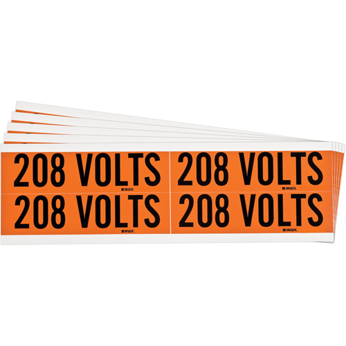 "208 Volts" Conduit & Voltage Labels, Pack of 5, Vinyl/Cloth, Height, 1-1/8", Width, 4-1/8", Display Type, Adhesive, Language, Repositionable Rubber, Finish, Semi-Gloss, Colour
