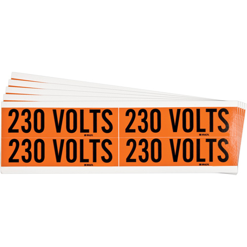 "230 Volts" Conduit & Voltage Labels, Pack of 5, Vinyl/Cloth, Height, 1-1/8", Width, 4-1/8", Display Type, Adhesive, Language, Repositionable Rubber, Finish, Semi-Gloss, Colour