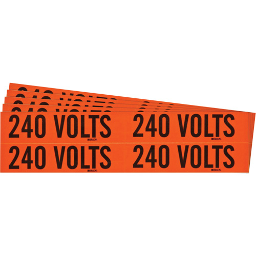 "240 Volts" Conduit & Voltage Labels, Pack of 5, Vinyl/Cloth, Height, 1-1/8", Width, 4-1/8", Display Type, Adhesive, Language, Repositionable Rubber, Finish, Semi-Gloss, Colour