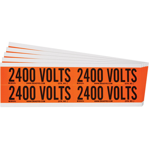 "2400 Volts" Conduit & Voltage Labels, Pack of 5, Vinyl/Cloth, Height, 1-1/8", Width, 4-1/8", Display Type, Adhesive, Language, Repositionable Rubber, Finish, Semi-Gloss, Colour