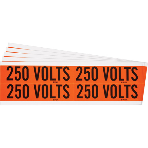 "250 Volts" Conduit & Voltage Labels, Pack of 5, Vinyl/Cloth, Height, 1-1/8", Width, 4-1/8", Display Type, Adhesive, Language, Repositionable Rubber, Finish, Semi-Gloss, Colour