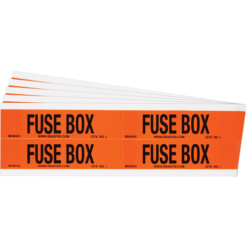 "Fuse Box" Conduit & Voltage Labels, Pack of 5, Vinyl/Cloth, Height, 1-1/8", Width, 4-1/8", Display Type, Adhesive, Language, Repositionable Rubber, Finish, Semi-Gloss, Colour