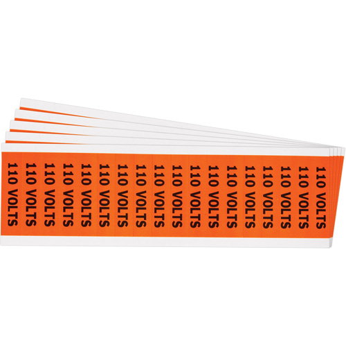 "110 Volts" Conduit & Voltage Labels, Pack of 5, Vinyl/Cloth, Height, 1/2", Width, 2-1/4", Display Type, Adhesive, Language, Repositionable Rubber, Finish, Semi-Gloss, Colour
