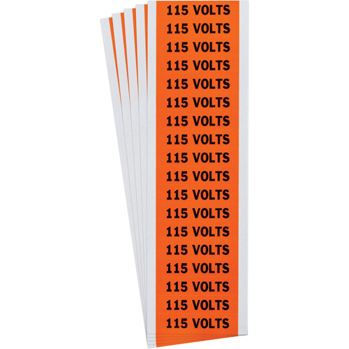 "115 Volts" Conduit & Voltage Labels, Pack of 5, Vinyl/Cloth, Height, 1/2", Width, 2-1/4", Display Type, Adhesive, Language, Repositionable Rubber, Finish, Semi-Gloss, Colour