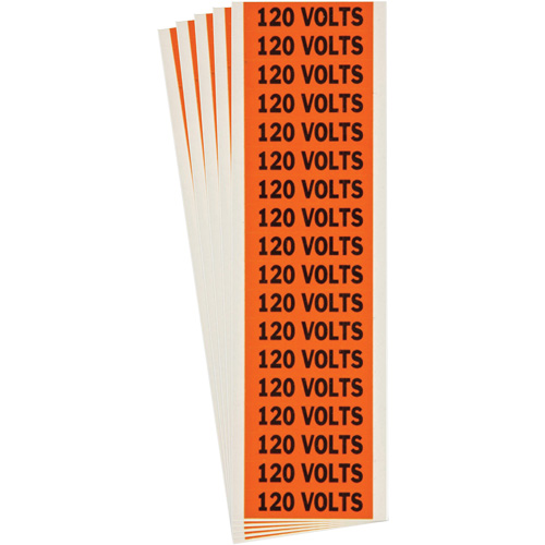 "120 Volts" Conduit & Voltage Labels, Pack of 5, Vinyl/Cloth, Height, 1/2", Width, 2-1/4", Display Type, Adhesive, Language, Repositionable Rubber, Finish, Semi-Gloss, Colour
