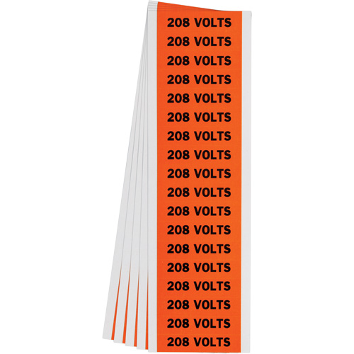 "208 Volts" Conduit & Voltage Labels, Pack of 5, Vinyl/Cloth, Height, 1/2", Width, 2-1/4", Display Type, Adhesive, Language, Repositionable Rubber, Finish, Semi-Gloss, Colour