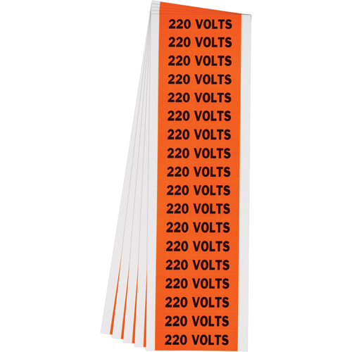 "220 Volts" Conduit & Voltage Labels, Pack of 5, Vinyl/Cloth, Height, 1/2", Width, 2-1/4", Display Type, Adhesive, Language, Repositionable Rubber, Finish, Semi-Gloss, Colour