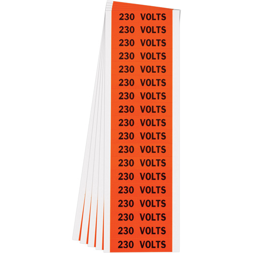 "230 Volts" Conduit & Voltage Labels, Pack of 5, Vinyl/Cloth, Height, 1/2", Width, 2-1/4", Display Type, Adhesive, Language, Repositionable Rubber, Finish, Semi-Gloss, Colour