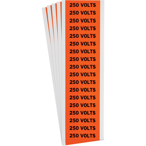 "250 Volts" Conduit & Voltage Labels, Pack of 5, Vinyl/Cloth, Height, 1/2", Width, 2-1/4", Display Type, Adhesive, Language, Repositionable Rubber, Finish, Semi-Gloss, Colour