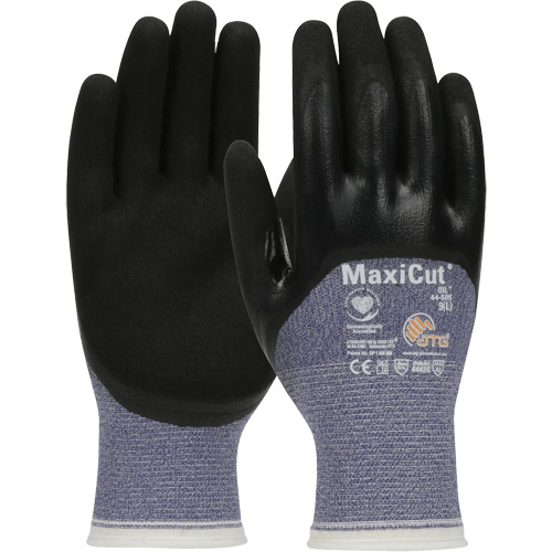 ATG MaxiCut® Oil Cut-Resistant Gloves, Pair, 2X-Large, Gauge, 15, Shell Material, Engineered Yarn, Coating, Nitrile, Coating Style, Black & Blue, Cuff Style, Knit Wrist