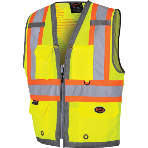 Mesh-Back Zip-Front Surveyor's Vest, Colour, High Visibility Lime-Yellow, Reflective Stripe Colour, Orange & Silver, Size, 6X-Large, Material, Polyester