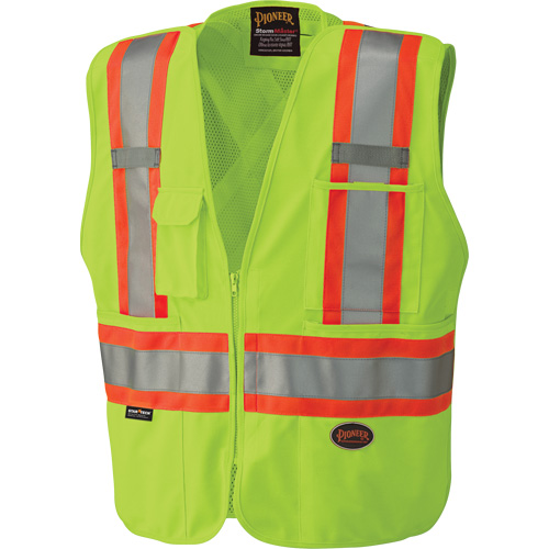 5-Point Tear-Away Safety Vest, Colour, High Visibility Lime-Yellow, Reflective Stripe Colour, Orange & Silver, Size, 4X-Large, Material, Polyester, Closure Type, Zipper, Material Thickness, 3.5 oz. (120 GSM)