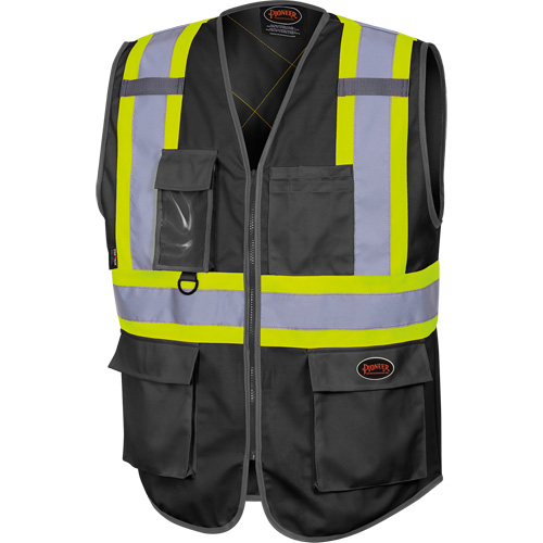 Tricot High-Visibility Safety Vest with Zipper Closure, Colour, Black, Reflective Stripe Colour, Lime-Green & Silver, Size, X-Small, Material, Polyester, No. of Pockets, 9, Additional Certification(s), ANSI/ISEA 107-2020 Class 1 Type O