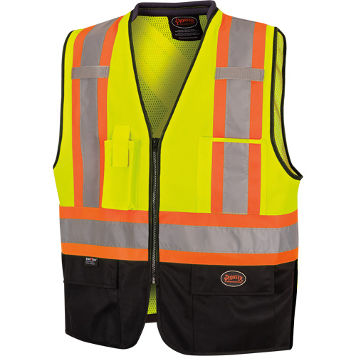 High-Visibility Zip Front Bi-Colour Safety Vest, Colour, Black/High Visibility Lime-Yellow, Reflective Stripe Colour, Orange & Silver, Size, Large/X-Large, Material, Polyester, No. of Pockets, 5, Additional Certification(s), ANSI/ISEA 107-2020 Class 2 Type P & R