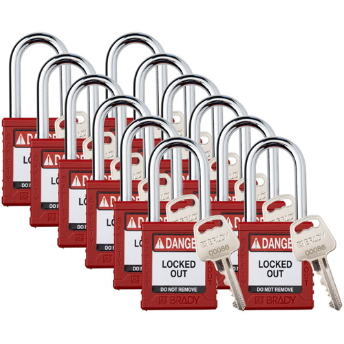 Standard Lockout Padlock, Pack of 12, Safety Padlock, Body Width, 1-1/2", Shackle Diameter, 1/4", Shackle Clearance Height, 1-1/2", Body Material, 1-3/4", No. of Keys, 1