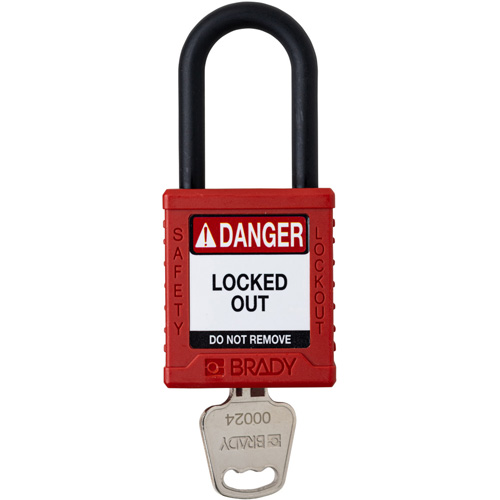 Standard Lockout Padlock, Each, Safety Padlock, Body Width, 1-1/2", Shackle Diameter, 1/4", Shackle Clearance Height, 1-1/2", Body Material, 1-3/4", No. of Keys, 1