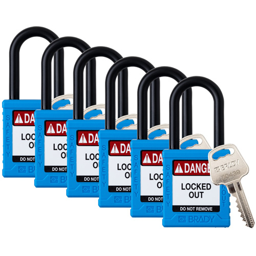 Standard Lockout Padlock, Pack of 6, Safety Padlock, Body Width, 1-1/2", Shackle Diameter, 1/4", Shackle Clearance Height, 1-1/2", Body Material, 1-3/4", No. of Keys, 1