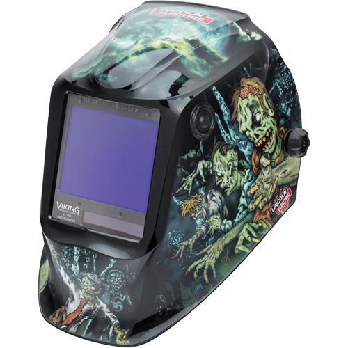 VIKING™ 3350 Zombie™ Welding Helmet, Each, Graphics, Viewing Area, 3.74" L x 3.34" W, Shade Level, 5 - 13, (1) Welding Helmet; (1) Helmet Bag; (1) Bandana; (5) KP2898-1 Outside Cover Lenses; (2) KP3044-1 Inside Cover Lenses; (1) Decal Sheet, Compliance, ANSI Z87.1, Control Type