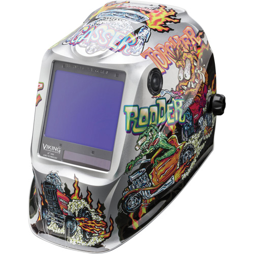 VIKING™ 3350 Hot Rodders™ Welding Helmet, Each, Graphics, Viewing Area, 3.74" L x 3.34" W, Shade Level, 5 - 13, (1) Welding Helmet; (1) Helmet Bag; (1) Bandana; (5) KP2898-1 Outside Cover Lenses; (2) KP3044-1 Inside Cover Lenses; (1) Decal Sheet, Compliance, ANSI Z87.1, Control Type