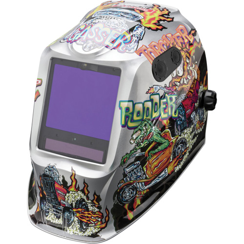 VIKING™ 3350 ADV Hot Rodders™ Helmet, Each, Graphics, Viewing Area, 3.74" L x 3.15" W, Shade Level, 5 - 13, (1) VIKING™ 3350 ADV Welding Helmet; (1) Bandana; (1) Protective Drawstring Bag; (1) Helmet Sticker Sheet; (5) KP2898-1 Outside Cover Lenses; (2) KP5244-1 Inside Cover Lenses, Compliance, ANSI Z87.1, Control Type