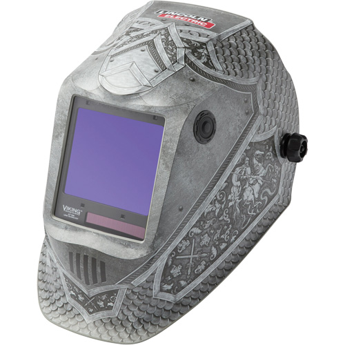 VIKING™ 3350 Medieval® Welding Helmet, Each, Graphics, Viewing Area, 3.74" L x 3.34" W, Shade Level, 5 - 13, (1) Welding Helmet; (1) Helmet Bag; (1) Bandana; (5) KP2898-1 Outside Cover Lenses; (2) KP3044-1 Inside Cover Lenses; (1) Decal Sheet, Compliance, ANSI Z87.1, Control Type