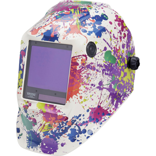 VIKING™ 3350 Creative Spark™ Welding Helmet, Each, Graphics, Viewing Area, 3.74" L x 3.34" W, Shade Level, 5 - 13, (1) Welding Helmet; (1) Helmet Bag; (1) Bandana; (5) KP2898-1 Outside Cover Lenses; (2) KP3044-1 Inside Cover Lenses; (1) Decal Sheet, Compliance, ANSI Z87.1, Control Type