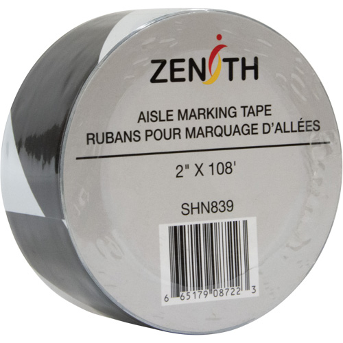 Aisle Marking Tape, Each, Black and White, Material, PVC, Width, 2", Roll Length, 108', 6 mil, Manufacturer's Warranty, 1 Year Limited