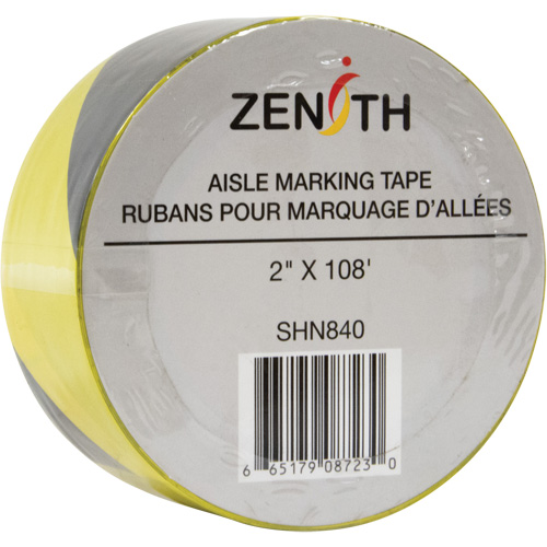 Aisle Marking Tape, Each, Black and Yellow, Material, PVC, Width, 2", Roll Length, 108', 6 mil, Manufacturer's Warranty, 1 Year Limited