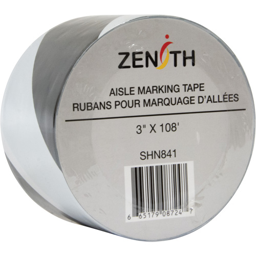 Aisle Marking Tape, Each, Black and White, Material, PVC, Width, 3", Roll Length, 108', 6 mil, Manufacturer's Warranty, 1 Year Limited