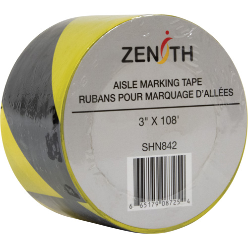 Aisle Marking Tape, Each, Black and Yellow, Material, PVC, Width, 3", Roll Length, 108', 6 mil, Manufacturer's Warranty, 1 Year Limited
