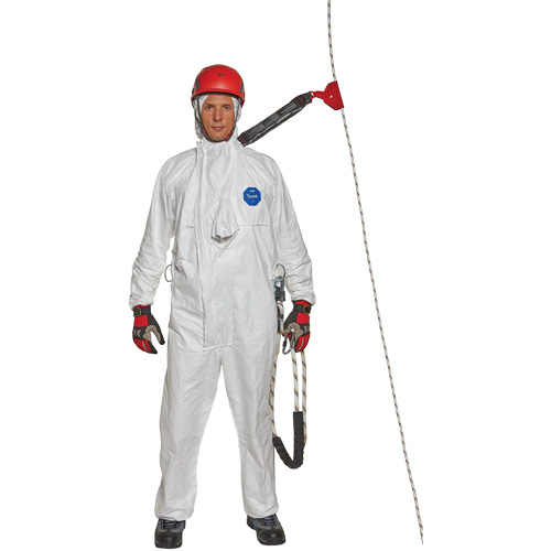 Harness-Compatible Disposable Coverall, Material, Tyvek 500, Size, 4X-Large, Colour, White, Harness Access, (4) Elasticized D-Ring Sleeves, Zipper Type, Pin-Lock Zipper with Tyvek Storm Flap