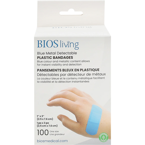 Blue Water-Resistant Bandages, Style, Rectangular/Square, Length, 3", Width, 1", Material, Plastic Metal Detectable