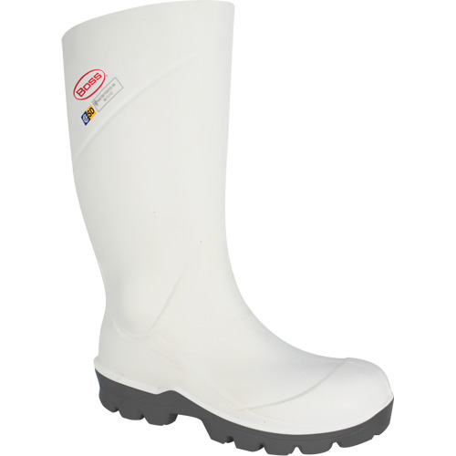 Boss® Footwear Food Processing Boot, Pair, Polyurethane, Shoe Size, 10, Toe Type, Steel, Sole Type, Plain, Plate Type, White