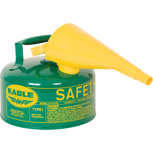 Safety Can for Combustibles with Funnel, Each, Galvanized Steel, Capacity, 1 US gal., Colour, Green, Type, I, Standard(s) Met, 3.52 lbs., Additional Certification(s), OSHA, NFPA, CARB, Exterior Dimensions
