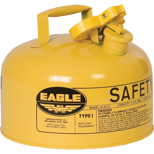 Safety Can for Diesel, Galvanized Steel, Capacity, 2 US gal., Colour, Yellow, Type, I, Standard(s) Met, 5.25 lbs., Additional Certification(s), OSHA, NFPA, CARB, Exterior Dimensions