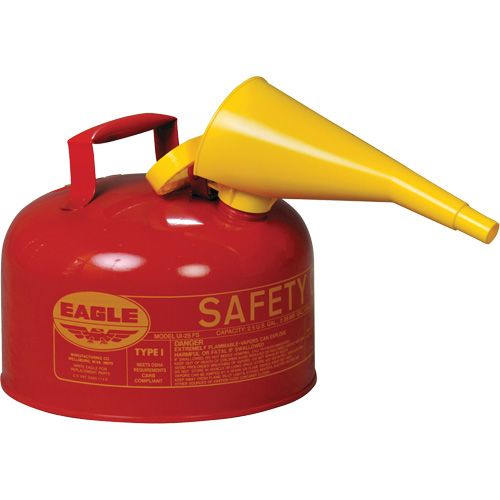Safety Can for Flammables with Funnel, Galvanized Steel, Capacity, 2.5 US gal., Colour, Red, Type, I, Standard(s) Met, 5.7 lbs., Additional Certification(s), OSHA, NFPA, CARB, New York City Fire Code Title 29 FC 2204.4.4.1.1, Exterior Dimensions