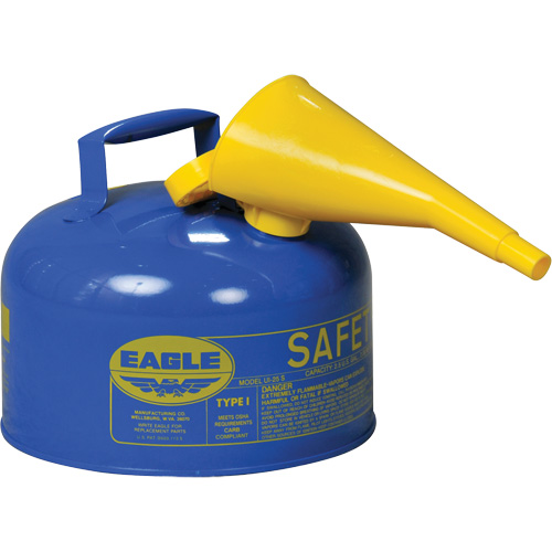 Safety Can for Kerosene with Funnel, Galvanized Steel, Capacity, 2.5 US gal., Colour, Blue, Type, I, Standard(s) Met, 5.7 lbs., Additional Certification(s), OSHA, NFPA, CARB, New York City Fire Code Title 29 FC 2204.4.4.1.1, Exterior Dimensions