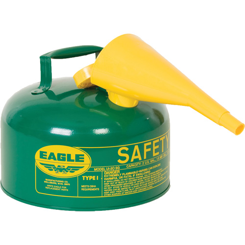 Safety Can for Combustibles with Funnel, Galvanized Steel, Capacity, 2.5 US gal., Colour, Green, Type, I, Standard(s) Met, 5.7 lbs., Additional Certification(s), OSHA, NFPA, CARB, New York City Fire Code Title 29 FC 2204.4.4.1.1, Exterior Dimensions