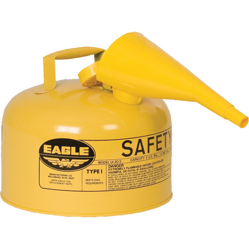 Safety Can for Diesel with Funnel, Galvanized Steel, Capacity, 2.5 US gal., Colour, Yellow, Type, I, Standard(s) Met, 5.7 lbs., Additional Certification(s), OSHA, NFPA, CARB, New York City Fire Code Title 29 FC 2204.4.4.1.1, Exterior Dimensions