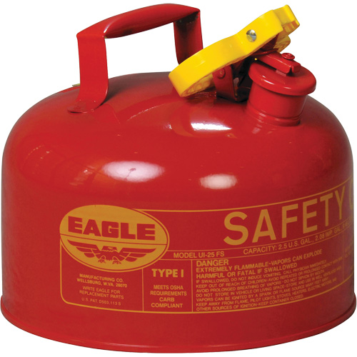 Safety Can for Flammables, Galvanized Steel, Capacity, 2.5 US gal., Colour, Red, Type, I, Standard(s) Met, 5.7 lbs., Additional Certification(s), OSHA, NFPA, CARB, New York City Fire Code Title 29 FC 2204.4.4.1.1, Exterior Dimensions