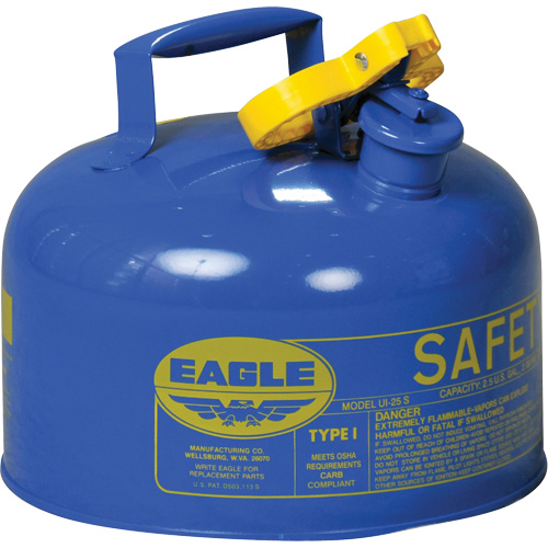 Safety Can for Kerosene, Galvanized Steel, Capacity, 2.5 US gal., Colour, Blue, Type, I, Standard(s) Met, 5.7 lbs., Additional Certification(s), OSHA, NFPA, CARB, New York City Fire Code Title 29 FC 2204.4.4.1.1, Exterior Dimensions