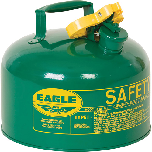 Safety Can for Combustibles, Galvanized Steel, Capacity, 2.5 US gal., Colour, Green, Type, I, Standard(s) Met, 5.7 lbs., Additional Certification(s), OSHA, NFPA, CARB, New York City Fire Code Title 29 FC 2204.4.4.1.1, Exterior Dimensions