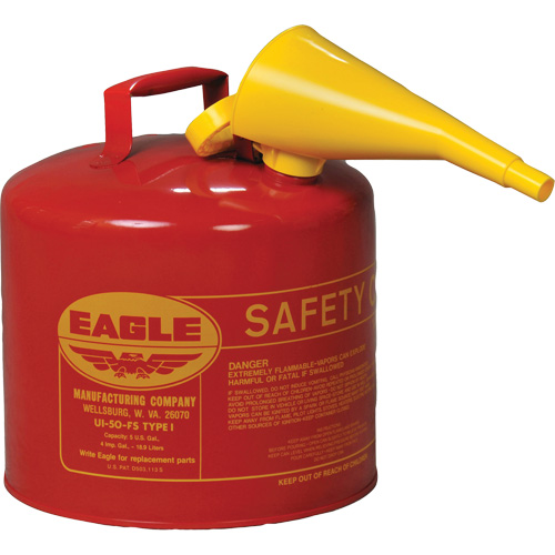 Safety Can for Flammables with Funnel, Each, Galvanized Steel, Capacity, 5 US gal., Colour, Red, Type, I, Standard(s) Met, 7 lbs., Additional Certification(s), OSHA, NFPA, CARB, Exterior Dimensions