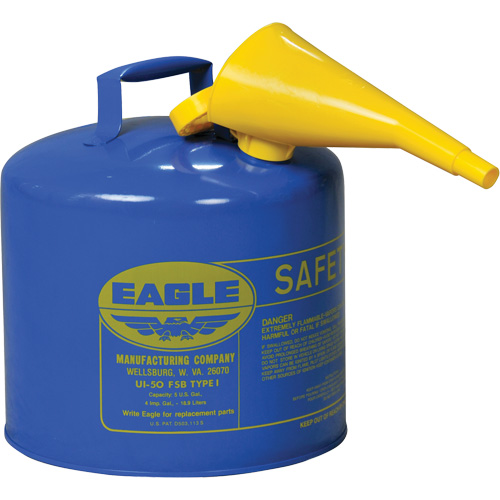Safety Can for Kerosene with Funnel, Galvanized Steel, Capacity, 5 US gal., Colour, Blue, Type, I, Standard(s) Met, 7 lbs., Additional Certification(s), OSHA, NFPA, CARB, Exterior Dimensions