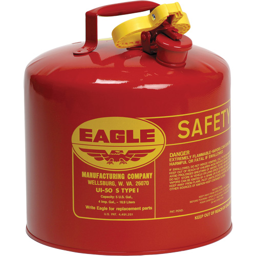 Safety Can for Flammables, Galvanized Steel, Capacity, 5 US gal., Colour, Red, Type, I, Standard(s) Met, 7 lbs., Additional Certification(s), OSHA, NFPA, CARB, Exterior Dimensions